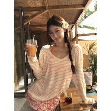 批发红人馆长袖t恤女2026新款春季宽松罩衫条纹打底衫慵懒风辣妹上衣