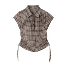 批发宋正恩咖色格子polo领短袖<b class='q'>衬衫</b>女夏季韩系<b class='q'>修身</b>显瘦收腰<b class='q'>衬衣</b>小上衣