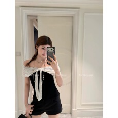 批发番茄侠coco芭蕾黑白撞色蕾丝蕾丝飘带一字肩<b class='q'>上衣</b>女小香风<b class='q'>无袖</b><b class='q'>上衣</b>