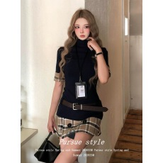 批发高智坏学姐优雅风韩系两件套女夏季格纹拼接长袖格子包臀短裙