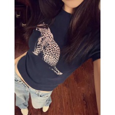 批发26SS<b class='q'>韩国</b>ins小众超火豹纹印花修身显瘦正肩短款纯棉圆领短袖T恤女
