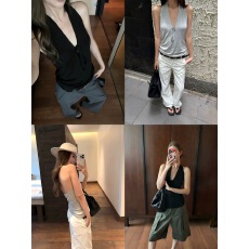 批发4PRIL 姐系穿搭 100天丝气质挂脖针织背心女修身显瘦V领露背上衣