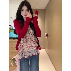 批发夏季新款法式田园风碎花吊带女不规则荷叶边背心红色<b class='q'>开衫</b>两件套潮