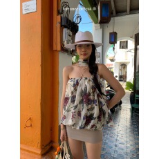 批发fortunee 2026春夏葡萄印花<b class='q'>雪纺</b>纱蓬蓬花苞抹胸女宽松上衣+围巾