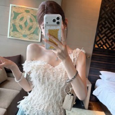 粉红丨“天羽流苏”设计感无袖网纱流苏镂空背心上衣