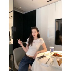 批发孔一粒 白色波点莱赛尔短袖T恤女夏季新款修身显瘦圆领<b class='q'>正</b>肩上衣
