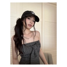 批发Wuu2sweet吴太甜 绑带设计感<b class='q'>条纹</b>抹胸背心女夏季修身显瘦露肩上衣