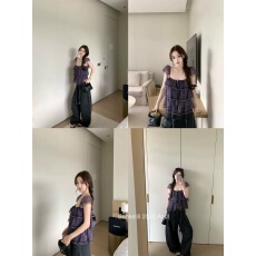 批发板栗可可Bankelili'潘海利根'荷叶边<b class='q'>蕾丝</b>层次感小飞袖方领吊带女