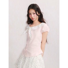 批发umoumo乌蘑夏季甜美波点蝴蝶结领拼接斜门襟<b class='q'>修身</b><b class='q'>衬衫</b>
