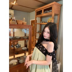 批发Pinksoya粉豆子 波点露背抹胸连衣<b class='q'>裙</b>女夏季撞色不规则<b class='q'>网纱</b>蓬蓬<b class='q'>裙</b>