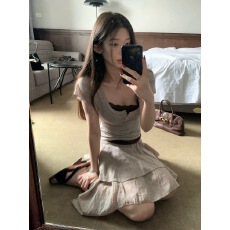 批发sheepland纯氧辣妹 天丝羊毛U领短袖T恤蕾丝拼接打底吊带套装女夏