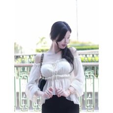 批发Fart Shop清冽水生调 米杏色一字肩木耳边雪纺衫女<b class='q'>春</b>夏短上衣