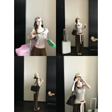 批发Skk Store 慵懒生巧棕210G天丝针织条纹吊带/<b class='q'>亚麻</b>罩衫/休闲裤套装