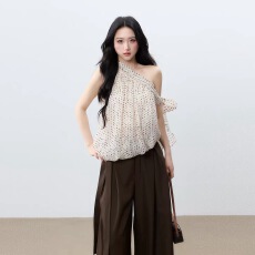 批发誉芝yuzhi 波点<b class='q'>雪纺</b>斜肩飘带无袖短款背心女温柔甜美气质小众上衣
