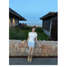 批发Goo Goo Eyes双层<b class='q'>雪纺</b>飘逸蓝格纹<b class='q'>半身裙</b>女夏季花边腰头鱼尾裙中裙