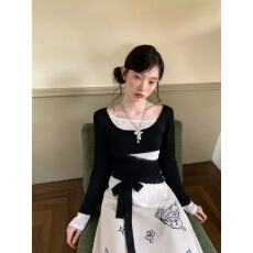 批发芝士日黑白叠叙清冷假两件拼接肌理<b class='q'>蕾丝</b>上衣秋季调节腰围小衫