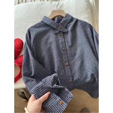 批发复古经典<b class='q'>格子</b>松弛感翻领长袖衬衫女春季时尚百搭休闲宽松开衫小众