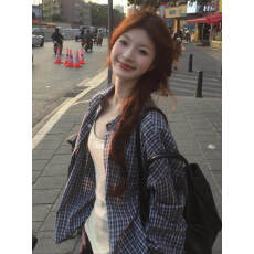 批发韩系复古慵懒休闲百搭长袖<b class='q'>格子</b>衬衫女春季宽松显瘦polo领衬衣<b class='q'>外套</b>