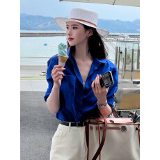 批发克莱因蓝色衬衫上衣<b class='q'>外套</b>女早春2026新款夏季长袖衬衣法式气质宽松