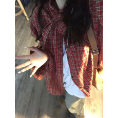 批发慵懒韩系氛围感红<b class='q'>格子</b>长袖衬衫<b class='q'>外套</b>女美式复古高级感衬衣春季