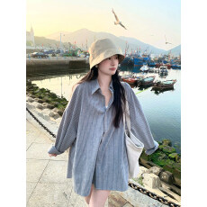 批发韩系复古蓝色<b class='q'>条纹</b>衬衫外套女秋季2026新款宽松慵懒风长袖翻领上衣