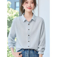 批发韩版复古蓝色<b class='q'>条纹</b>长袖翻领衬衫女2026春新款通勤风气质百搭上衣