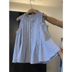 批发韩系气质木耳花边格子吊带背心女<b class='q'>春</b>季小众设计感无袖衬衫短款上衣