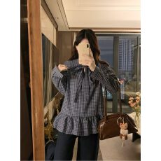 批发蝴蝶结春季时尚复古细带宽松木耳边格子衬衫新款百搭气质韩版长袖