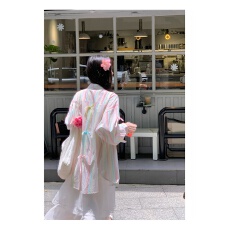 批发蝴蝶结条纹衬衫女春韩系宽松中长款设计感<b class='q'>甜美</b>上衣百搭休闲气质