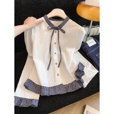 批发设计感系带蝴蝶结撞色格子拼接长袖衬衫女春季2026新款荷叶边上衣