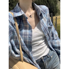 批发蓝色格子防晒衬衫女夏季薄款小个子外搭开衫宽松衬衣外套休闲上衣