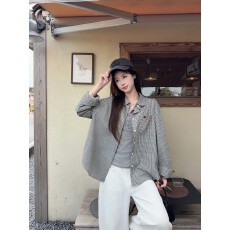 批发刺绣小狗慵懒风衬衫<b class='q'>春秋</b>休闲百搭长袖休闲气质小个子衬衣宽松外套