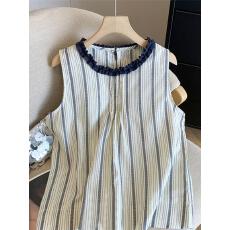 批发法式气质圆领背心吊带花边拼接竖条纹<b class='q'>宽松</b>遮肉百搭无袖上衣娃娃衫