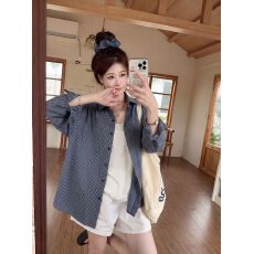 批发韩系chic蓝色<b class='q'>格子</b>Polo领<b class='q'>衬衫女</b>宽松防晒外套夏季长袖休闲