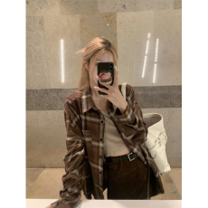 批发港风复古chic撞色<b class='q'>格子</b>衬衣开衫女春秋新款宽松休闲百搭上衣