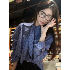批发春季新款设计感蝴蝶结系带<b class='q'>格子</b>长袖衬衫女韩版气质宽松