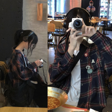 批发美式复古<b class='q'>格子</b>衬衫女春秋季新款设计感刺绣小众别致开衫<b class='q'>外套</b>