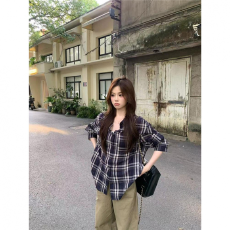 批发春秋装新款chic韩系格纹衬衫<b class='q'>外套</b>女小个子宽松慵懒百搭上衣