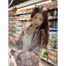 批发韩系简约~复古休闲<b class='q'>格子</b>衬衫女春秋季宽松气质中长款上衣服