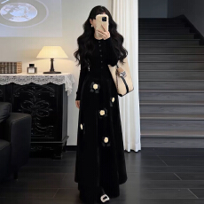 批发2026新款法式赫本风黑色针织套装连衣裙子女<b class='q'>秋</b>冬富家千金收腰长裙