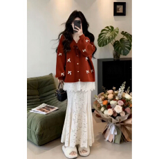 批发2026新款新年战袍红色针织套装连衣裙子女秋冬一整套穿搭<b class='q'>蕾丝长裙</b>