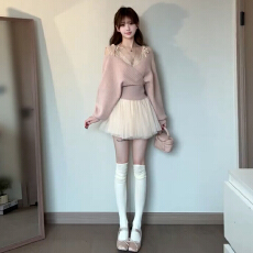 批发韩系一字肩粉色软糯针织衫毛衣女2026早<b class='q'>春</b>新款纯欲风收腰显瘦上衣