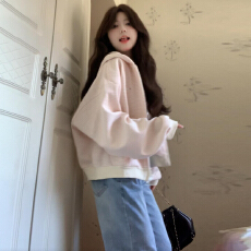 批发2025年绝美粉色长袖卫衣外套女秋季新款宽松慵懒风棒球服夹克上衣