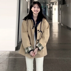 批发2025新款小个子复古撞色格纹拼接中长款风衣外套女秋季设计感上衣