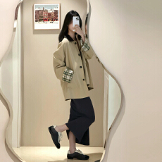 批发2025新款小个子复古撞色格纹拼接中长款风衣外套女秋季设计感上衣