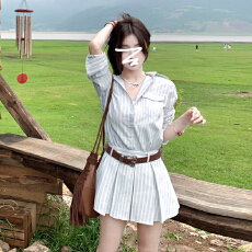 批发长袖条纹<b class='q'>衬衫</b>连衣裙子女装夏季2025新款高级感旅游早秋搭配一整套