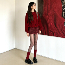 批发甜美风长袖红色毛衣女秋冬设计感下摆抽绳<b class='q'>针织衫</b>显瘦减龄<b class='q'>开衫</b>上衣