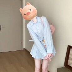 批发春季穿搭一整套高级感套装女polo领<b class='q'>条纹</b><b class='q'>衬衫</b>上衣百褶半身裙两件套