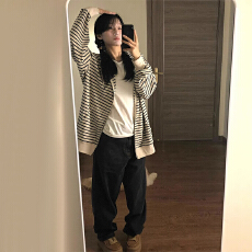 批发早春季条纹美式复古连帽<b class='q'>卫衣</b><b class='q'>开衫</b>外套女春秋2026新款长袖拉链上衣