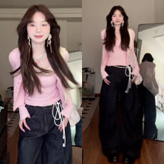 批发开春少女感穿搭2025新款粉色针织薄款开衫女长袖叠穿辣妹吊带套装